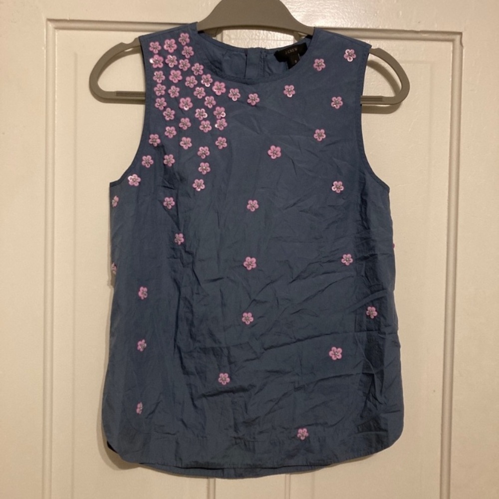 J. Crew Pink Floral Sequin Blue Gray Shell Top Size 2